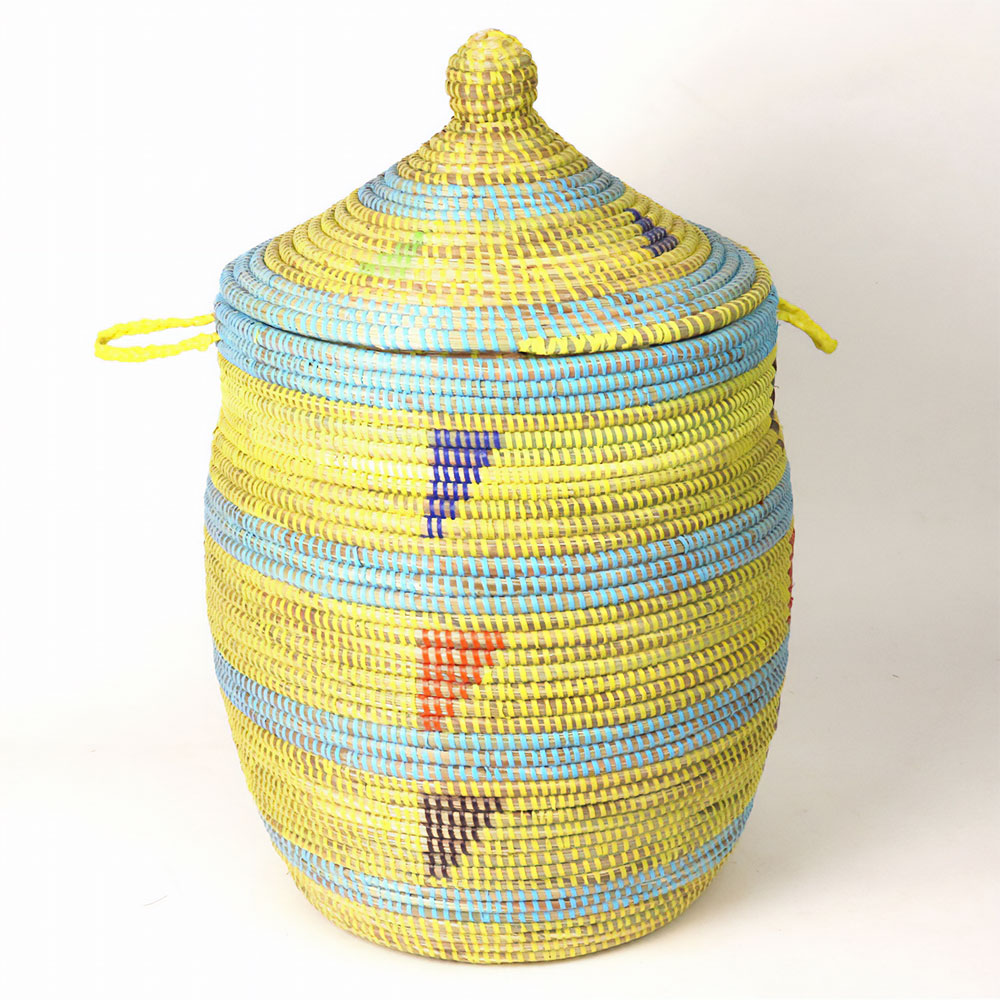 セネガル蓋付きカゴ ストライプ三角柄 大 レモン水色