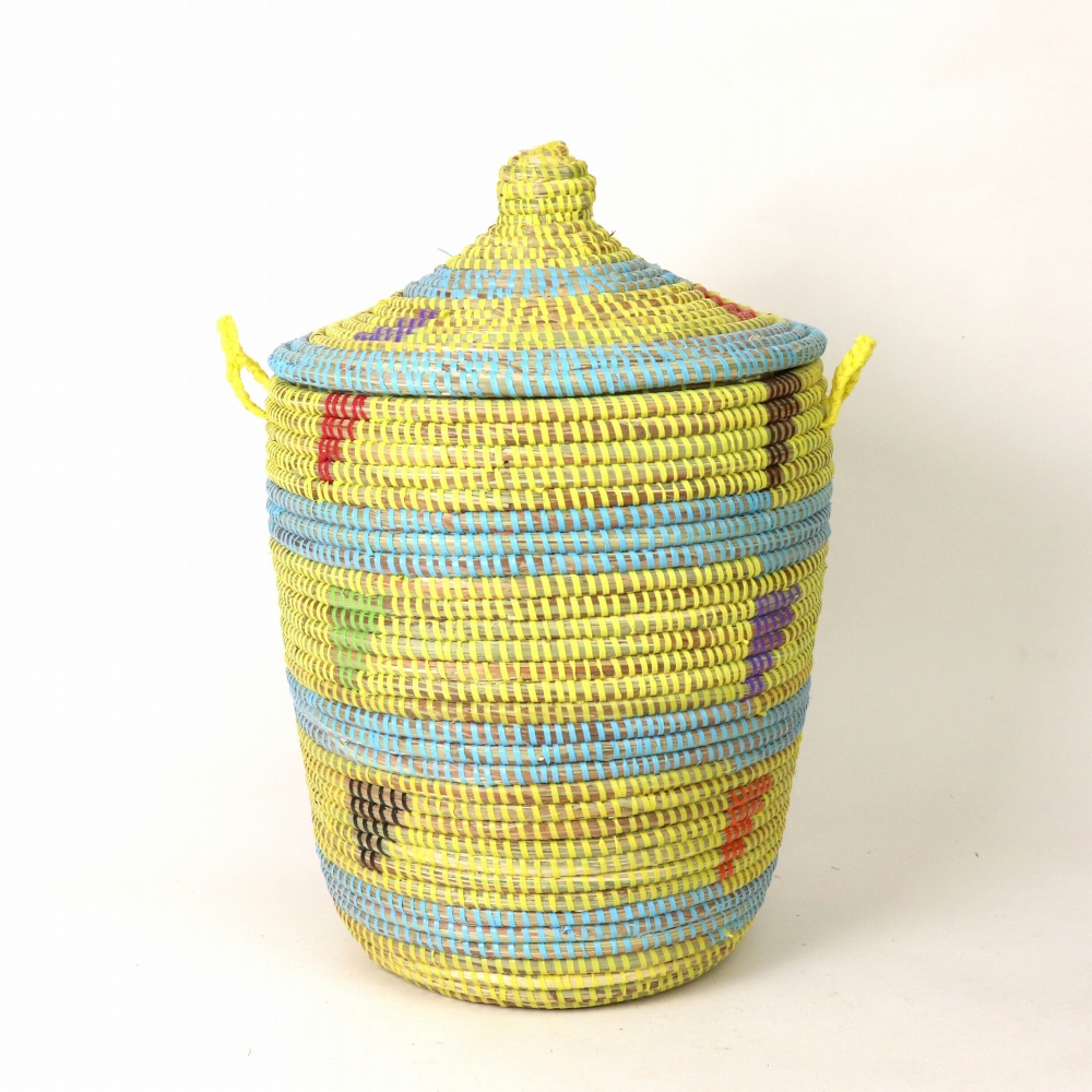 セネガル蓋付きカゴ ストライプ三角柄 小 レモン水色