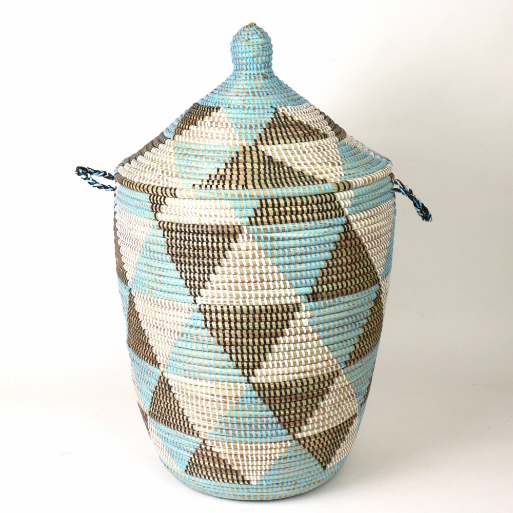 セネガル蓋付きカゴ 三角柄 大 水色白黒