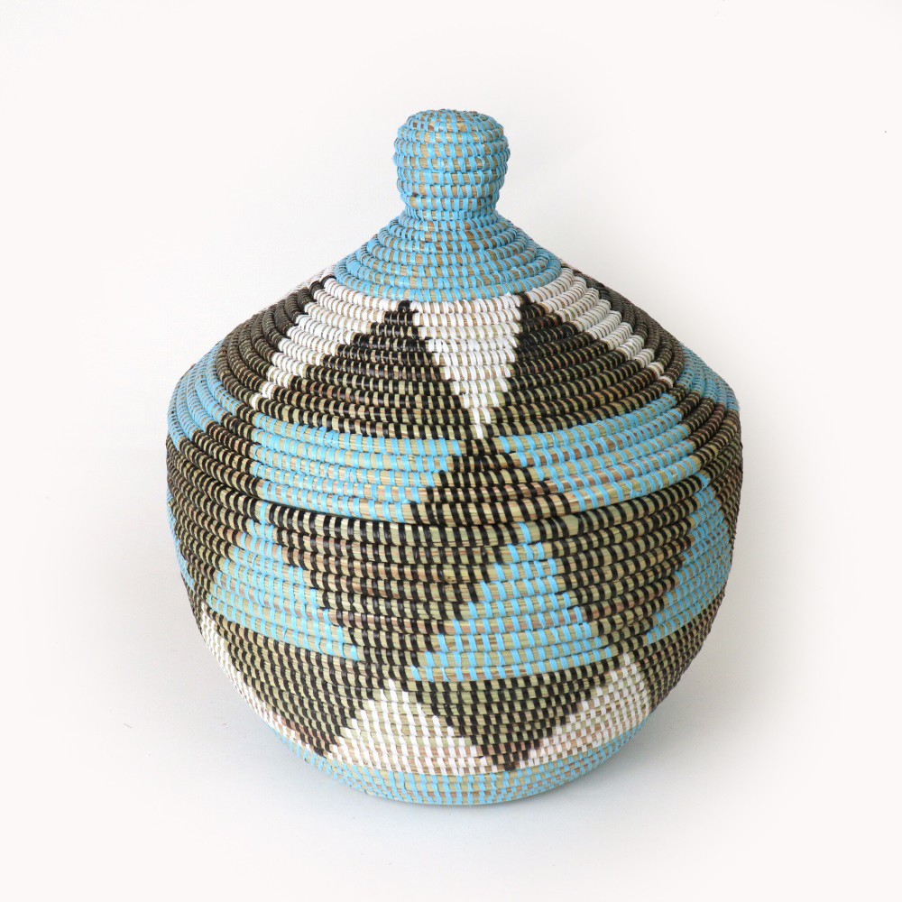 セネガルカゴ 三角柄 大 水色白黒