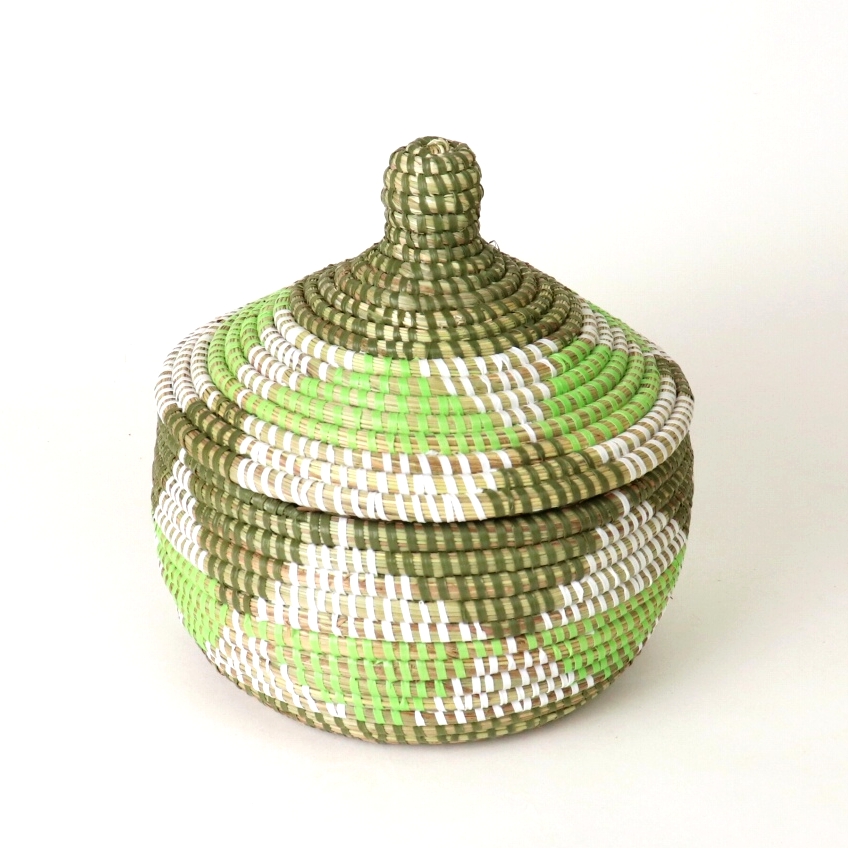 セネガルカゴ 三角柄 小 カーキ白黄緑