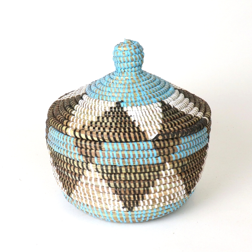 セネガルカゴ 三角柄 小 水色白黒