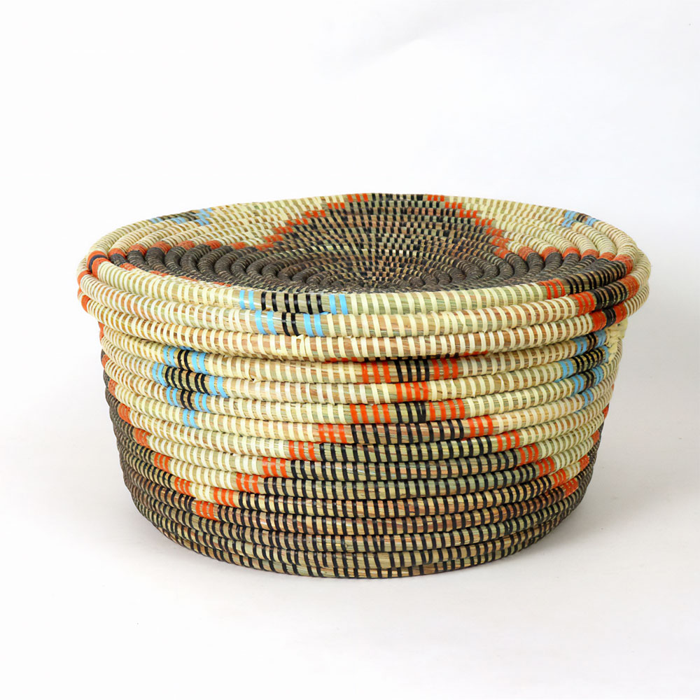 セネガル蓋付きペッタリカゴ クロス柄 中 黒アイボリーオレンジ