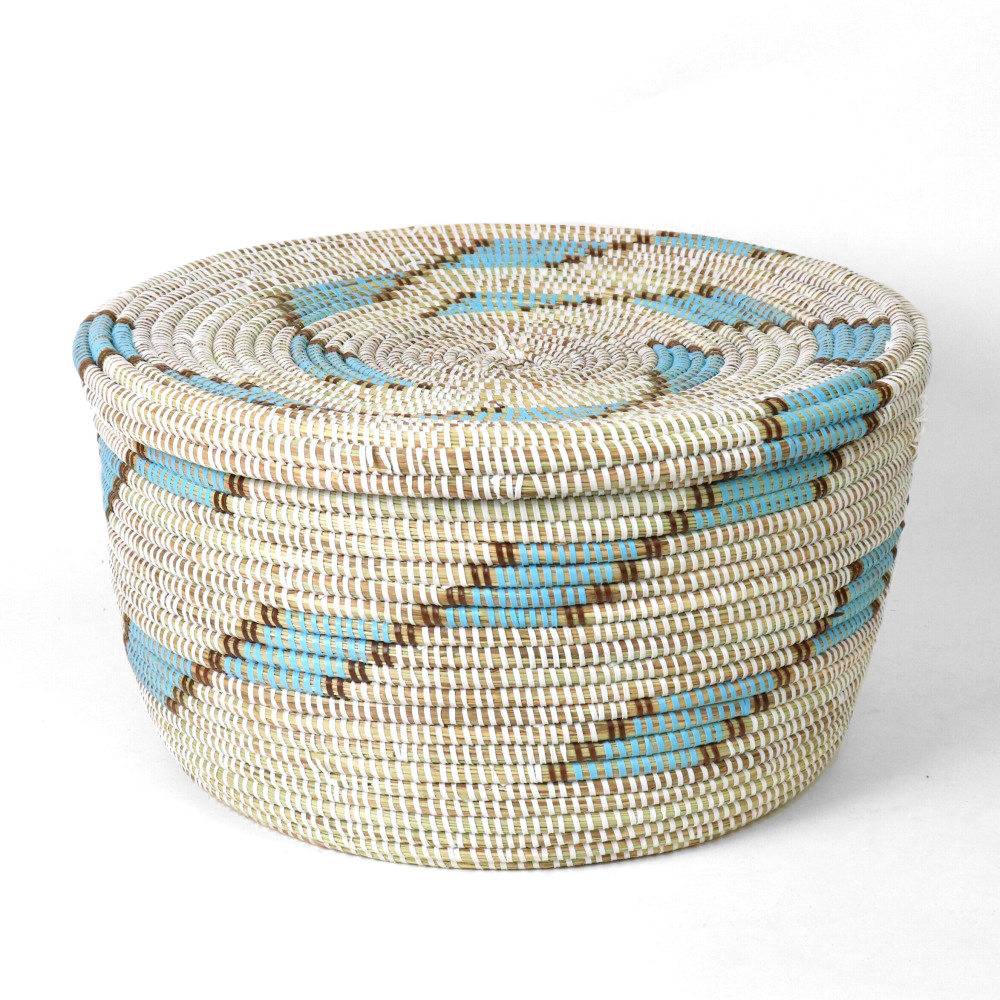 セネガル蓋付きペッタリカゴ 段々柄 大 白水色