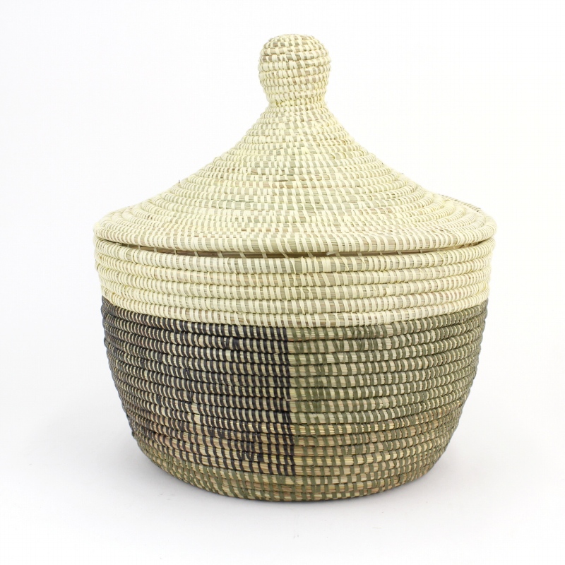 セネガルカゴ 3色柄 大 モスx黒xアイボリー