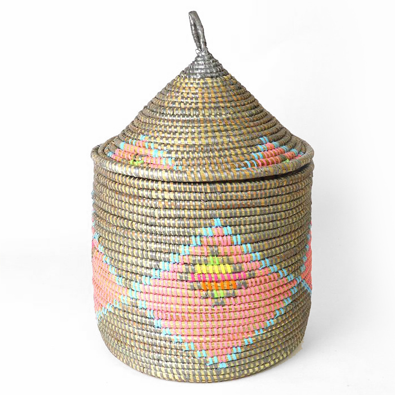 セネガルとんがりカゴ ダイヤ柄マルチカラー 大 グレー水色ピンク