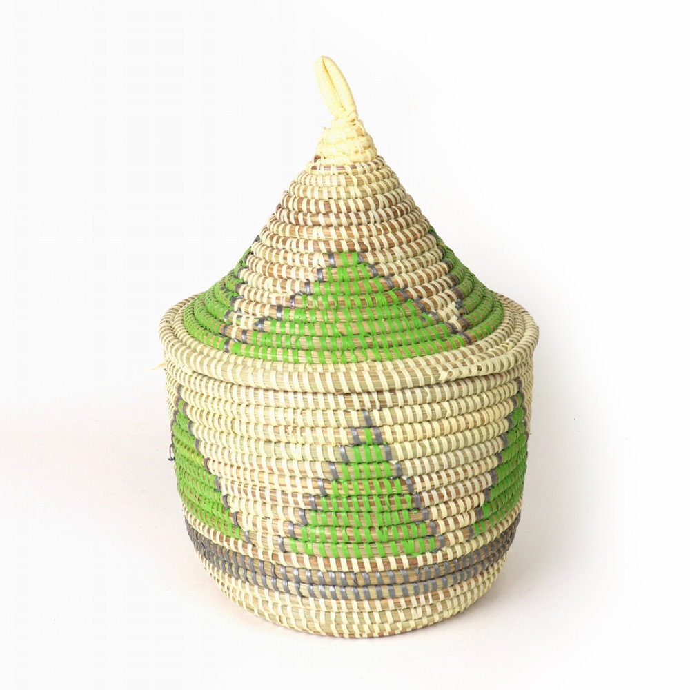 セネガルとんがりカゴ 三角山柄 小 アイボリー黄緑グレー
