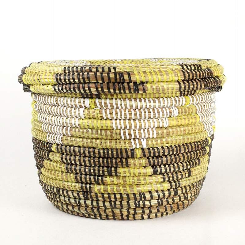 セネガル蓋付き筒カゴ ジグザグ柄 大 白黒黄