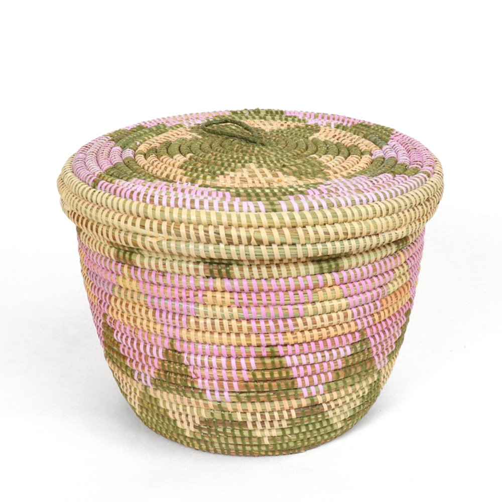 セネガル蓋付き筒カゴ ジグザグ柄 大 サーモンモス薄ピンク