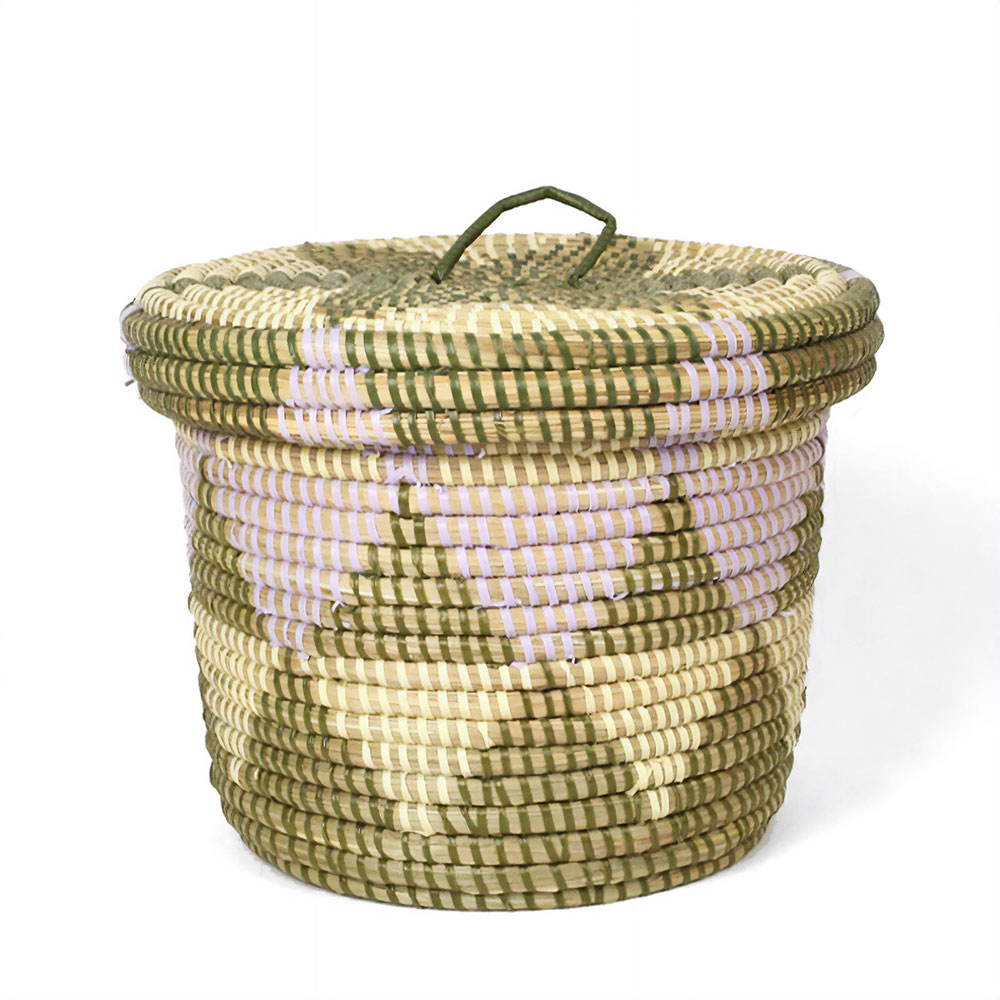 セネガル蓋付き筒カゴ ジグザグ柄 大 アイボリーモスラベンダー