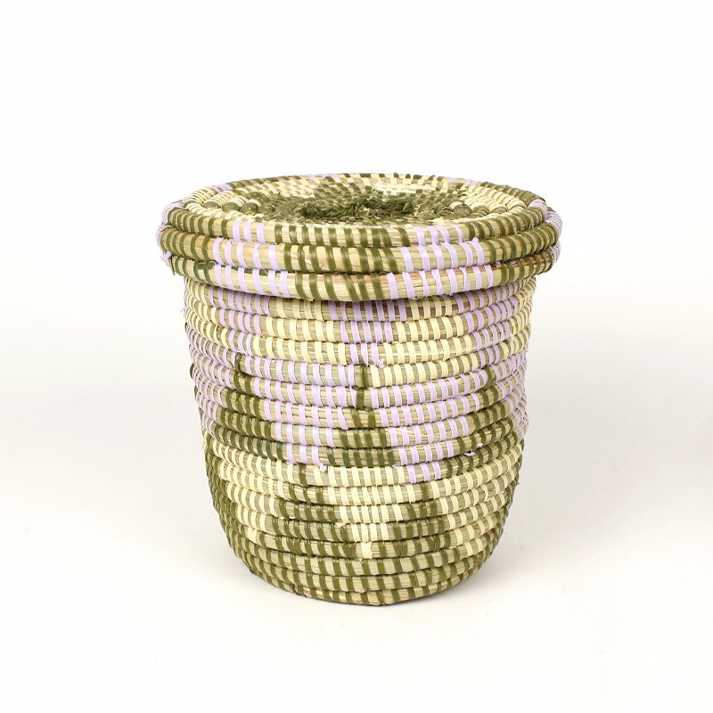 セネガル蓋付き筒カゴ ジグザグ柄 小 アイボリーモスラベンダー