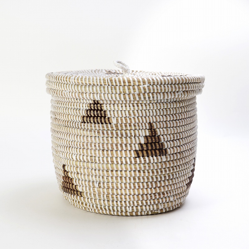 セネガル蓋付き筒カゴ 大 白 三角茶