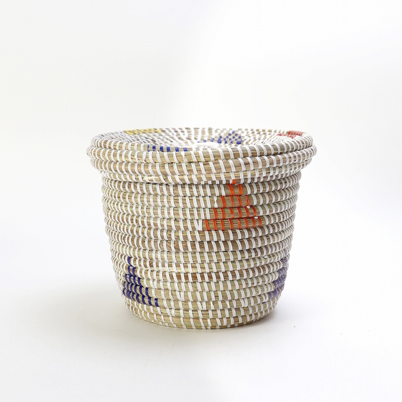 セネガル蓋付き筒カゴ 小 白 三角マルチ
