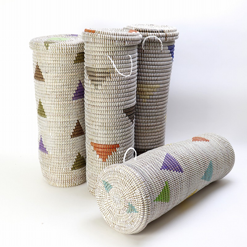 セネガル蓋付きカゴ筒 長細 三角柄 白 三角