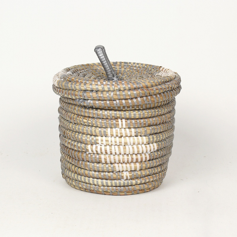 セネガル 筒型ふた付きかご 小