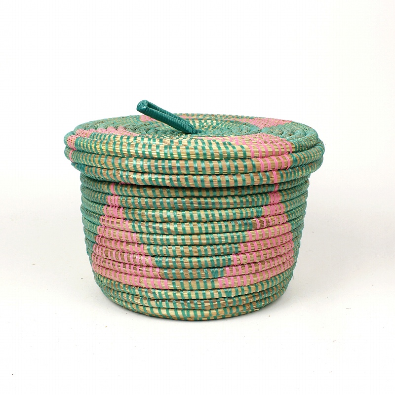 セネガル 筒型ふた付きかご 緑xピンク 小