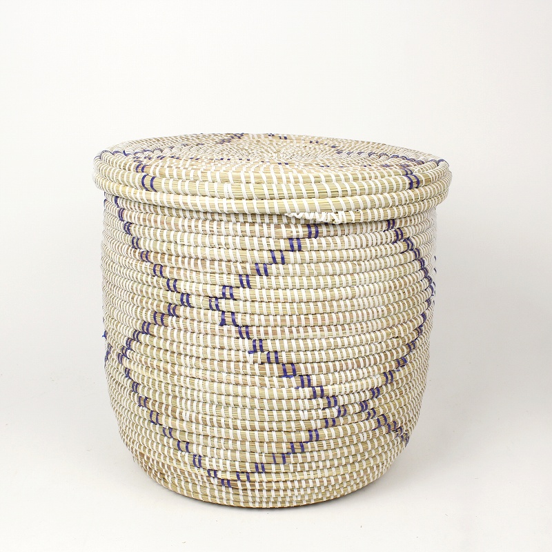 セネガル 筒型ふた付きかご 白x青
