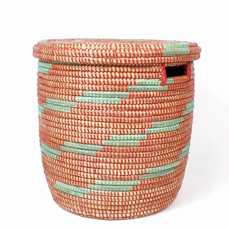 セネガル 筒型ふた付きかご 緑x赤 小