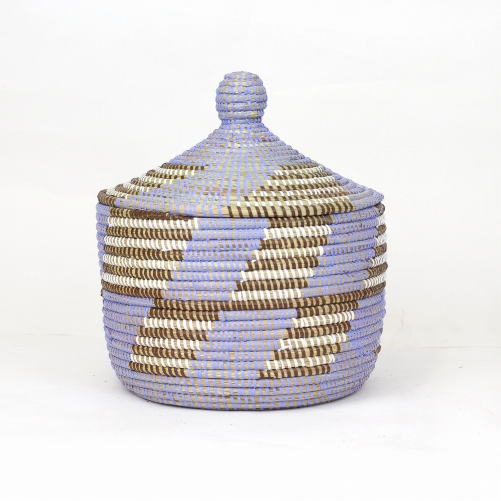 セネガルカゴ 階段3色柄 大 ペールブルー白焦げ茶