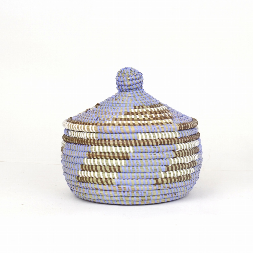 セネガルカゴ 階段3色柄 小 ペールブルー白焦げ茶