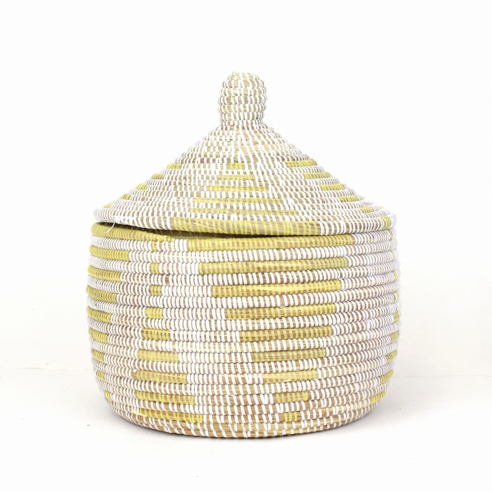 セネガルカゴ 三角ストライプ柄 大 白レモン