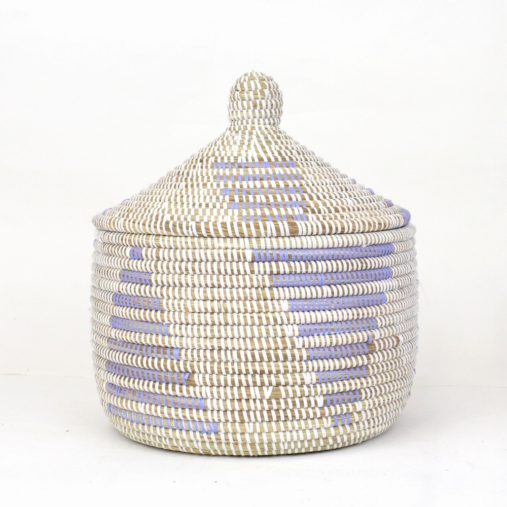 セネガルカゴ 三角ストライプ柄 大 白ペールブルー