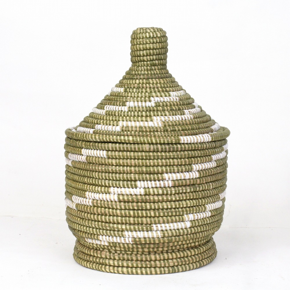 セネガルカゴ 階段柄 台付 大 オリーブ白