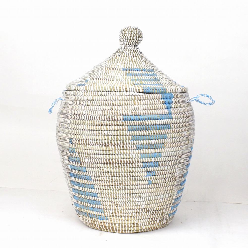 セネガルカゴ 三角ストライプ柄 白サックス 23SS一点物 @13000→10400円