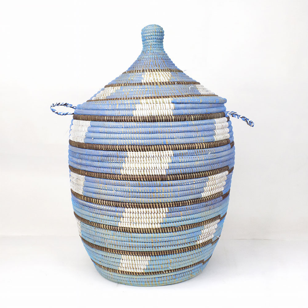 セネガルカゴ 階段3色柄 大 サックス白焦げ茶