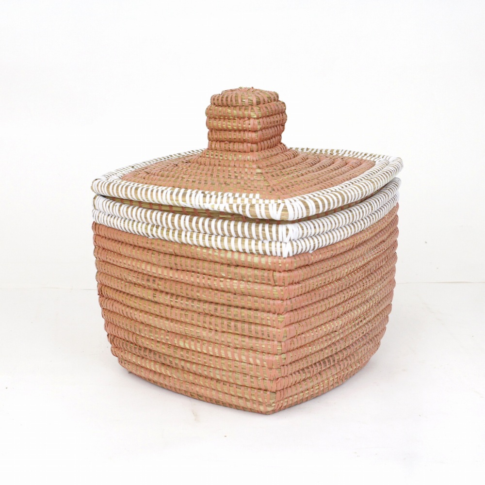 セネガル四角カゴ 縁ボーダー 小 サーモン白 23SS一点物 @13500→10800円