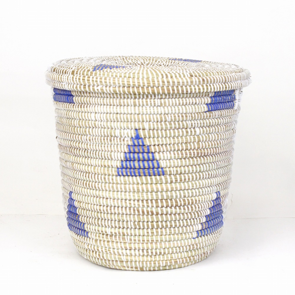 セネガル筒カゴ 蓋付き 中 白青