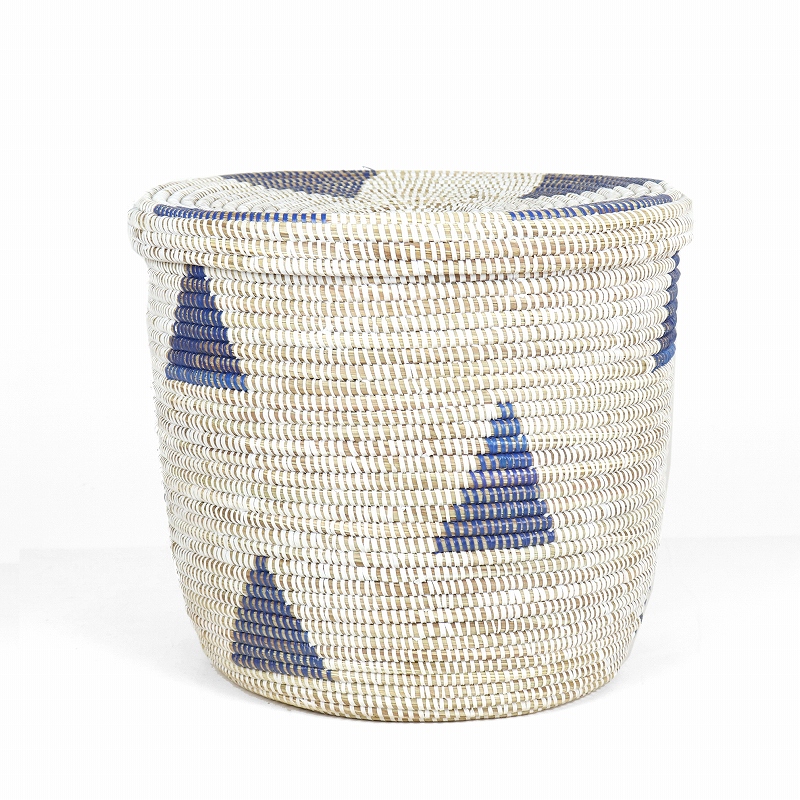 セネガル筒カゴ 蓋付き 中 青白