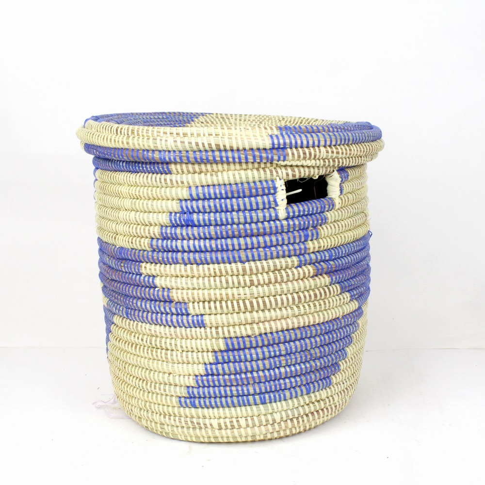セネガル筒カゴ 蓋付き 中 クリーム青 23SS一点物 @14000→11200円