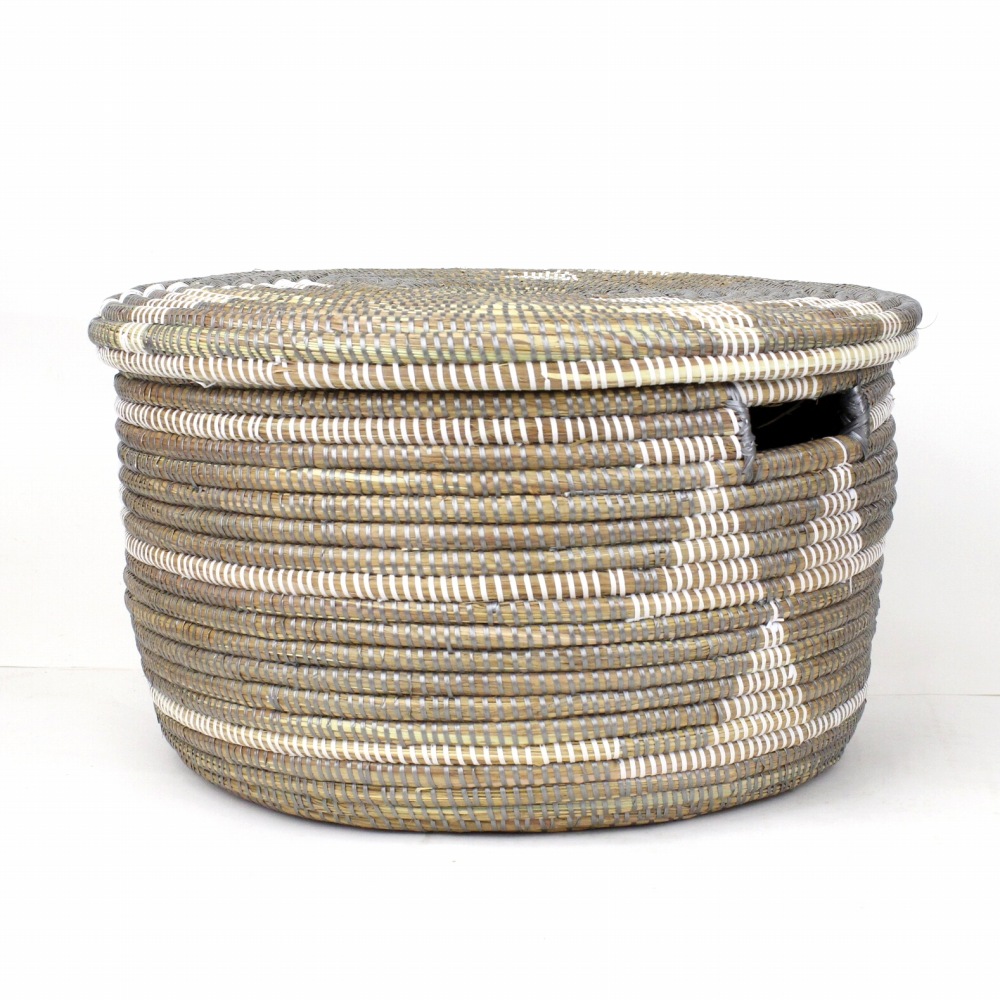 セネガルペッタリ筒カゴ 蓋付き 三角柄 大 グレー白 23SS一点物 @16000→12800円