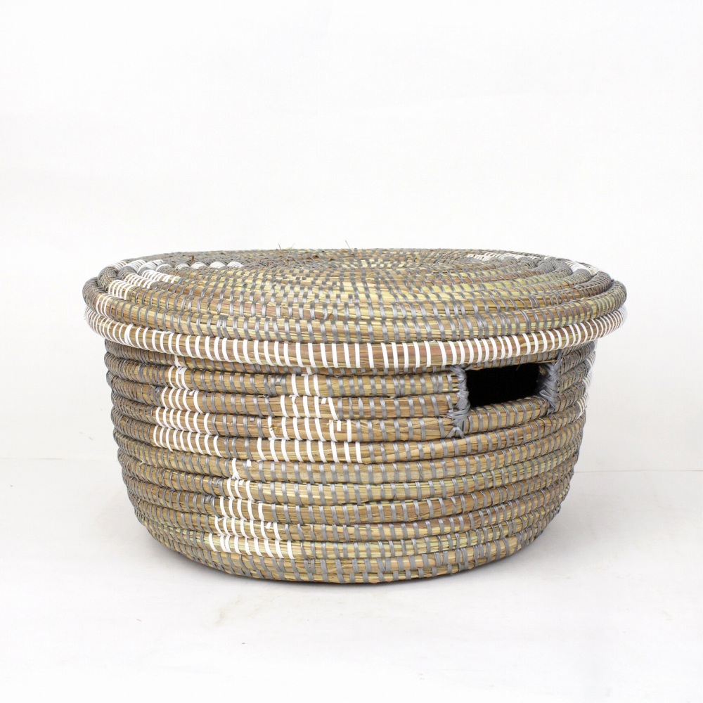 セネガルペッタリ筒カゴ 蓋付き 三角柄 中 グレー白 23SS一点物 @11000→8800円