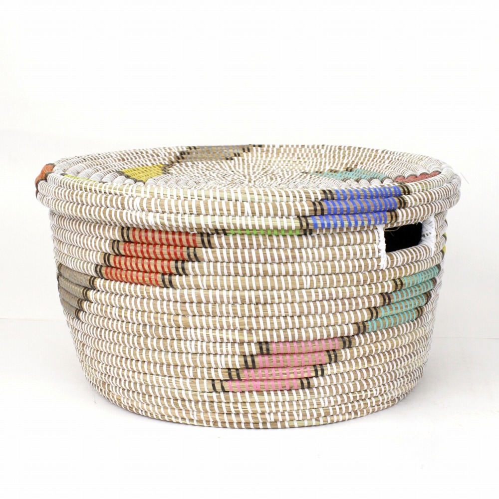 セネガルペッタリ筒カゴ 蓋付き 菱形マルチ柄 大 白マルチ 23SS一点物 @16000→12800円