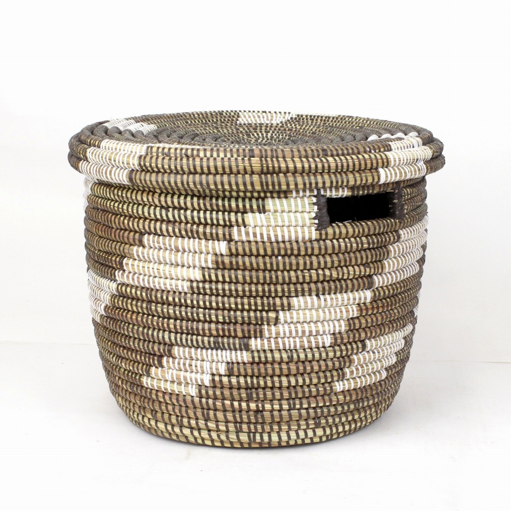 セネガル筒カゴ 蓋付き 菱形柄 大 焦げ茶白 23SS一点物 @16000→12800円