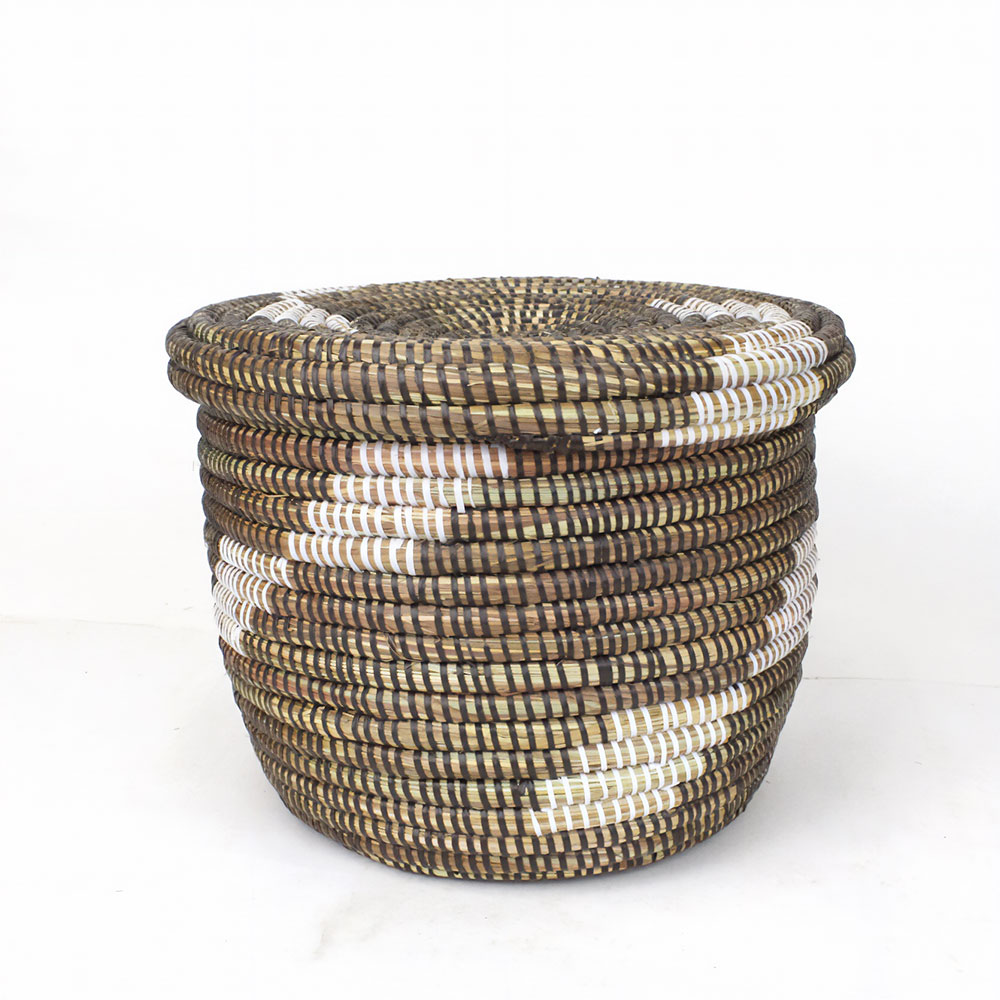 セネガル筒カゴ 蓋付き 菱形柄 中 焦げ茶白 23SS一点物 @11000→8800円