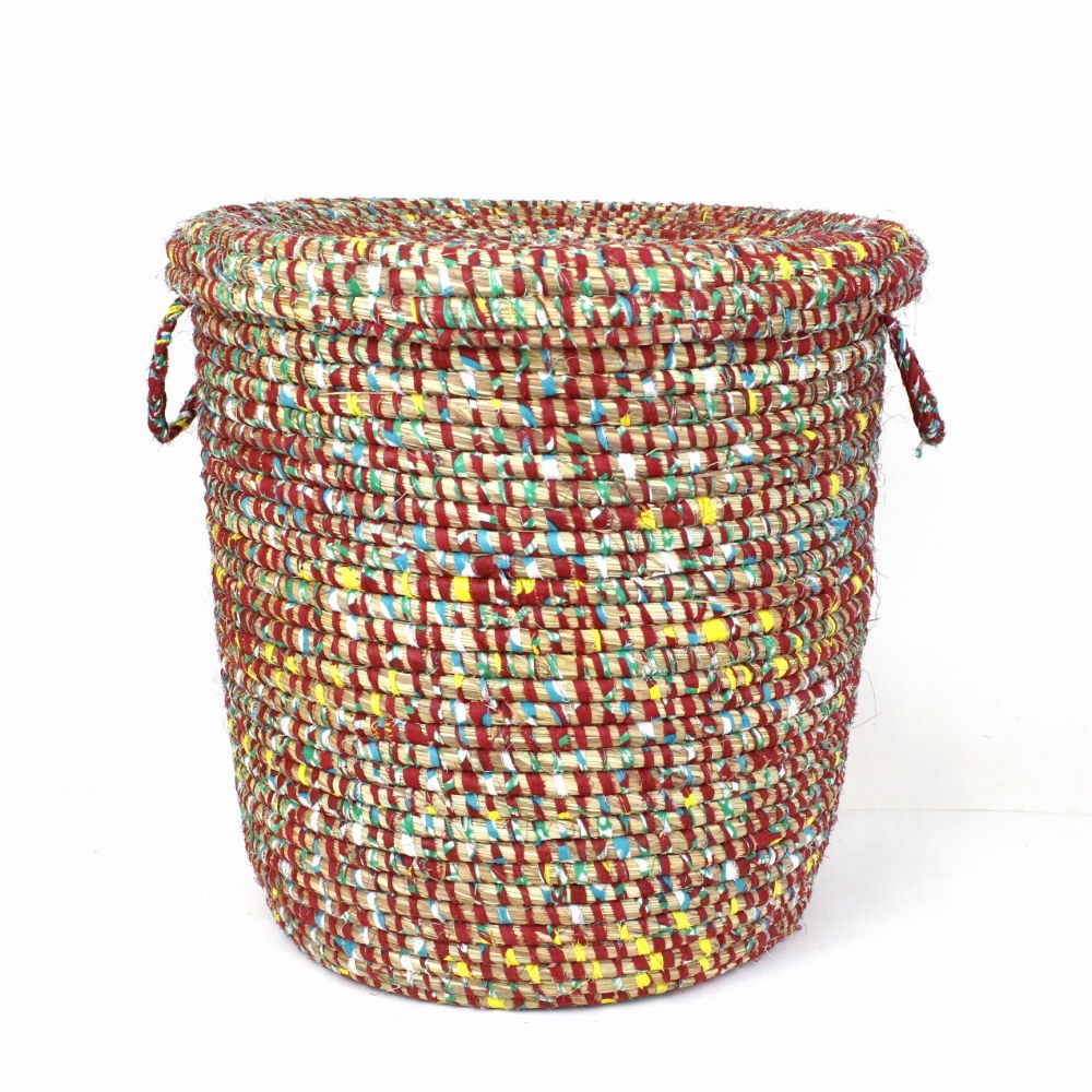 セネガル筒カゴ 蓋付き パーニュ裂き布 大 赤 23SS一点物 @22000→17600円
