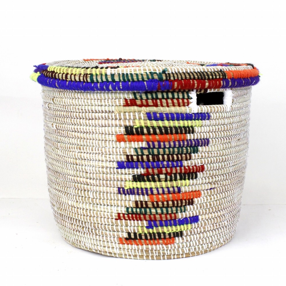 セネガル筒カゴ 蓋付き アクリル毛糸 大 白マルチ 23SS一点物 @18000→14400円
