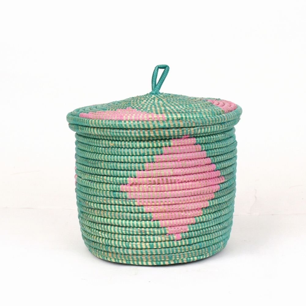 セネガル筒カゴ ダイヤ柄 中 緑ピンク
