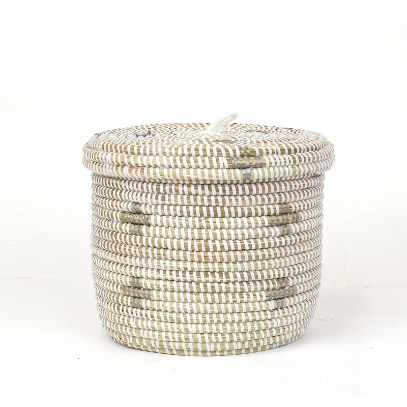 セネガル筒カゴ 十字柄 中 白グレー