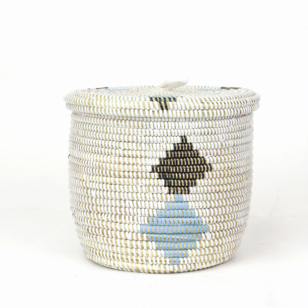 セネガル筒カゴ ダブルダイヤ柄 中 白黒ペールブルー
