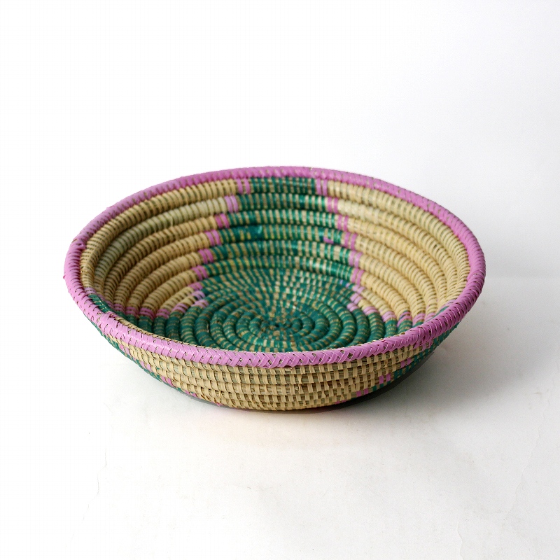 セネガル花柄皿 中 緑薄ピンククリーム