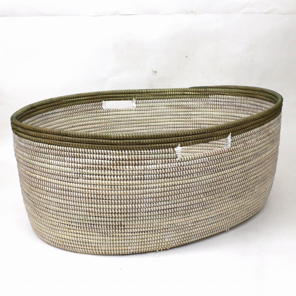 セネガル特大楕円カゴ 縁ボーダー 白モス 23SS一点物 @46000→36800円