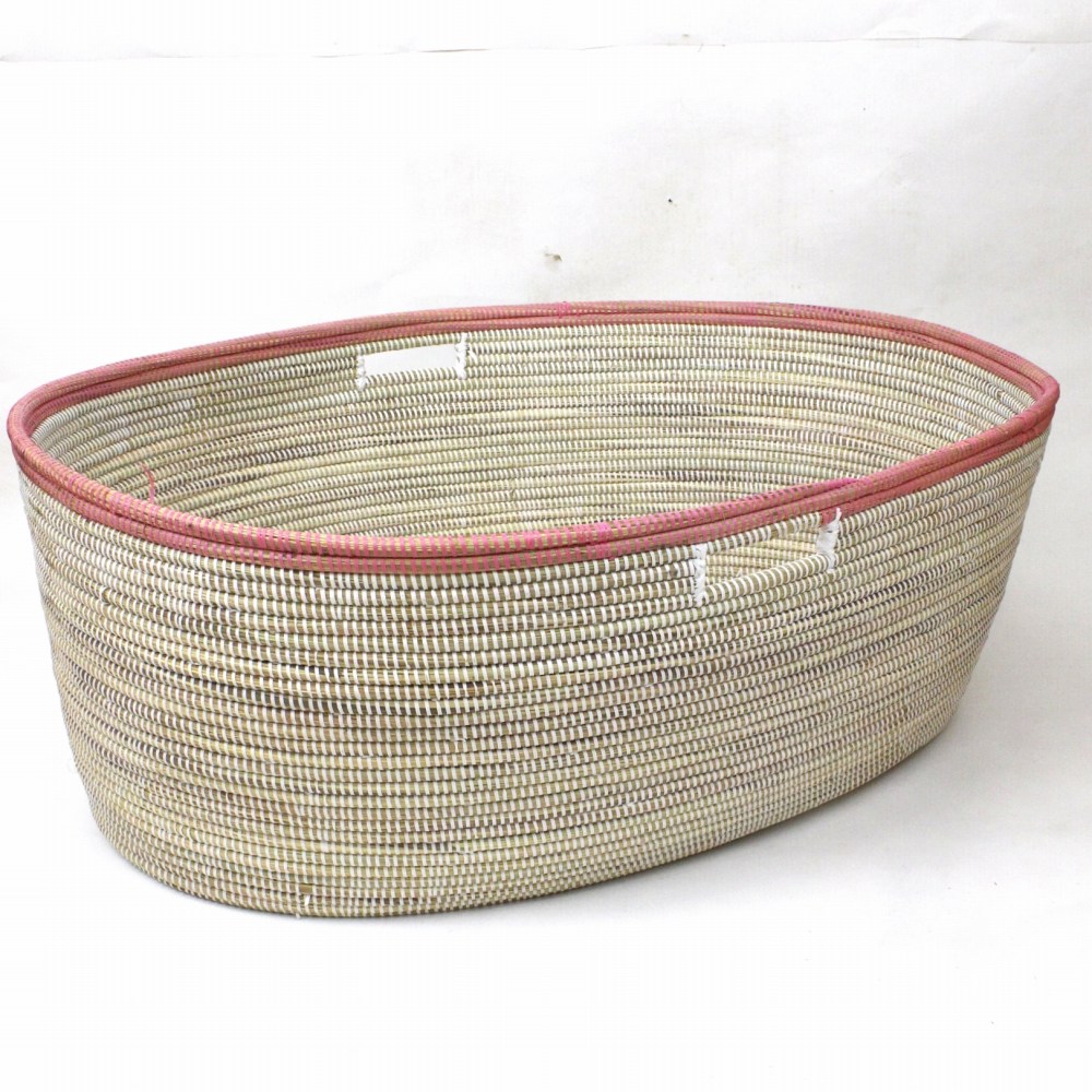 セネガル特大楕円カゴ 縁ボーダー 白ピンク 23SS一点物 @46000→36800円
