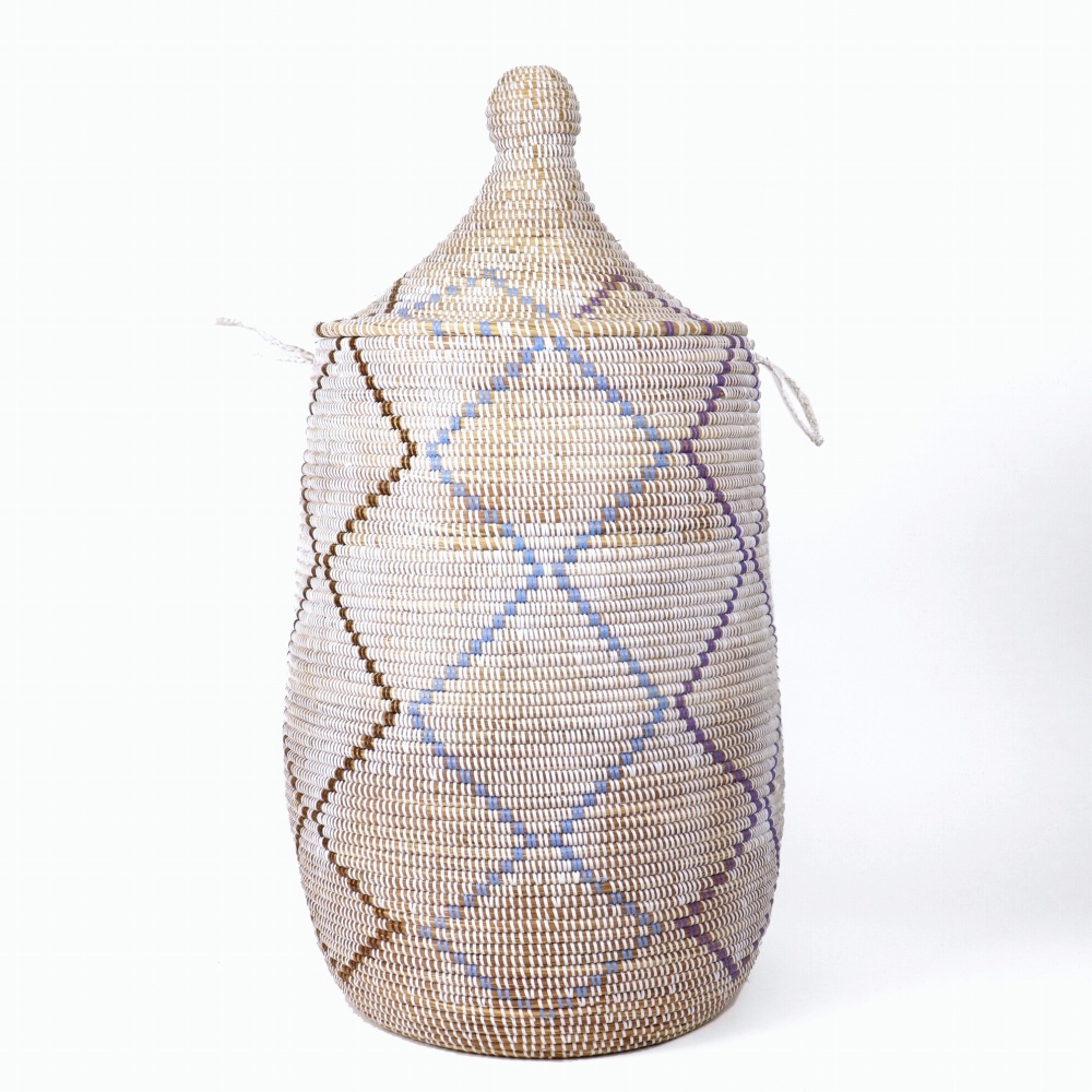 セネガル 蓋付きぷっくりカゴ 縦ジグザグ柄 白マルチ 24SS一点物 @20000→16000