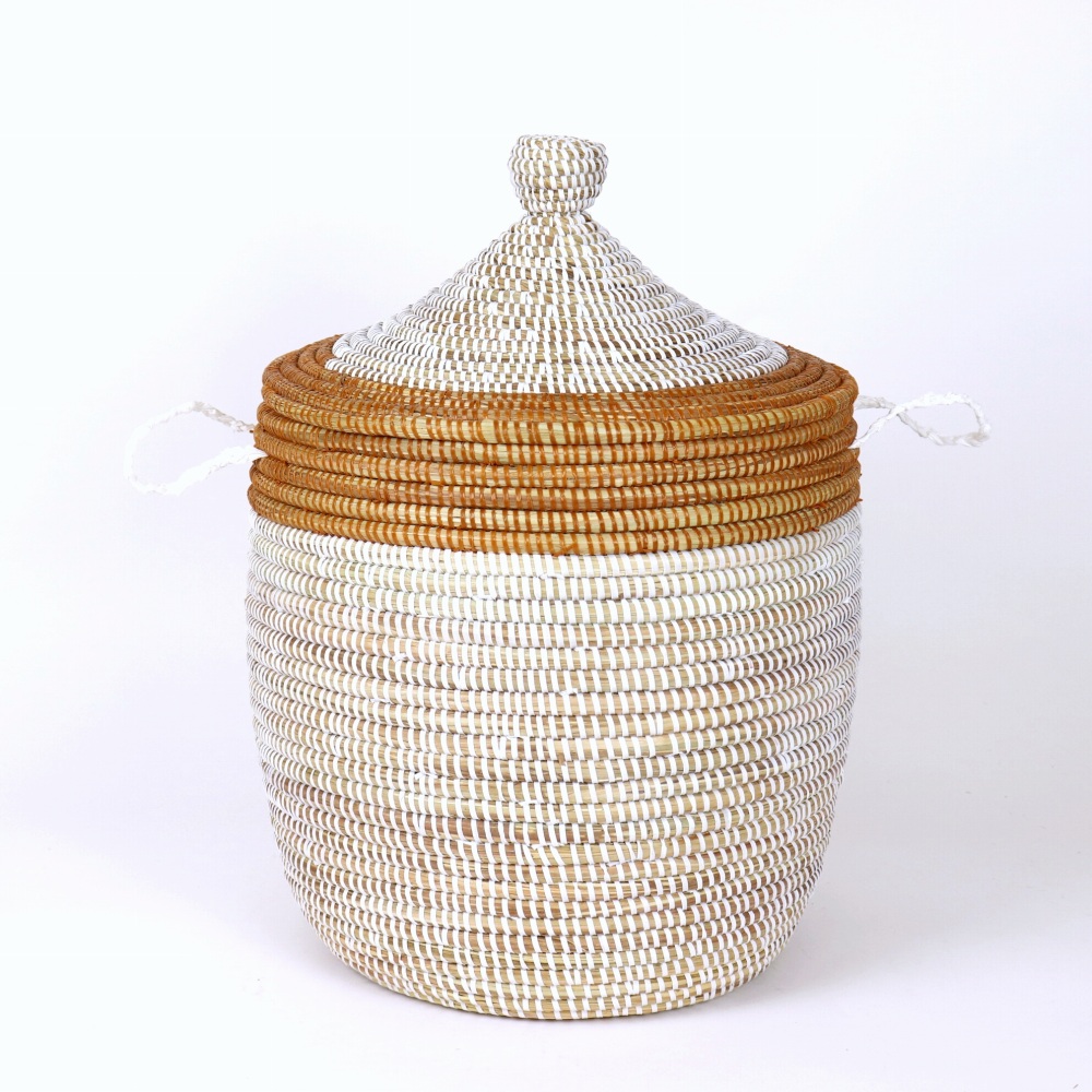 セネガル 蓋付きぷっくりカゴ 上部から― 白薄茶 24SS一点物 @14000→11200