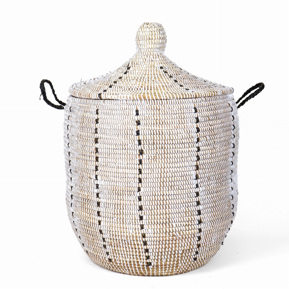 セネガル 蓋付きぷっくりカゴ 縦ドット柄 白黒 24SS一点物 @16500→13200