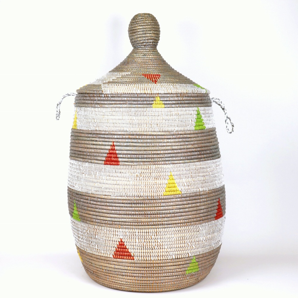 セネガル 蓋付きぷっくりカゴ ジグザグ三角柄 白グレー 三角マルチ 24SS一点物 @20000→16000